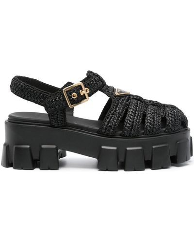 Prada Caged Flatform Raffia Sandals - Black