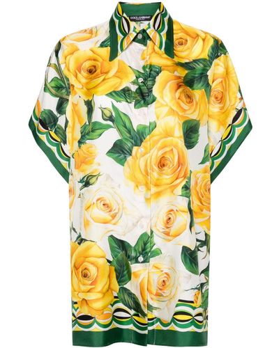 Dolce & Gabbana Rose-Print Silk Shirt - Yellow