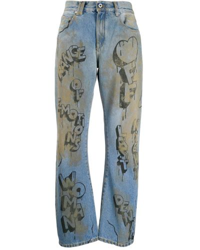 Off-White c/o Virgil Abloh Graffiti Print Straight Leg Jeans - Blue