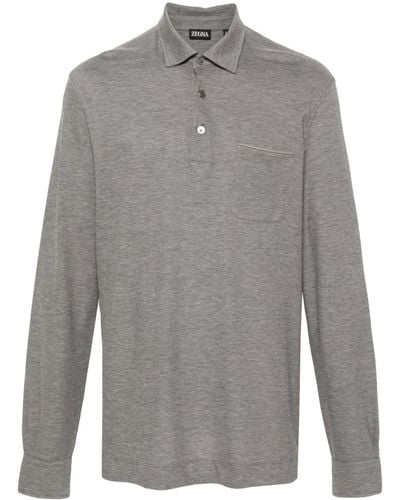 Zegna Long-Sleeve Cotton Polo Shirt - Gray