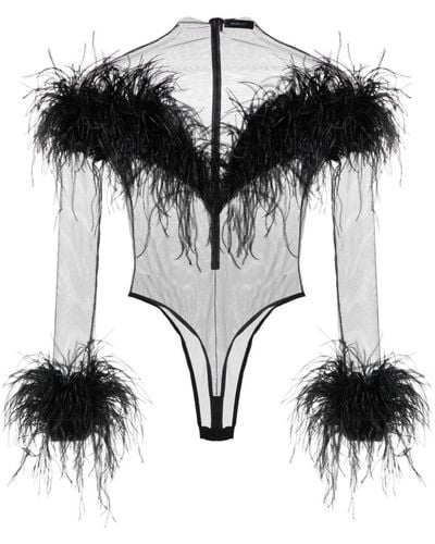 Mugler Feather-trim Mesh Bodysuit - Black
