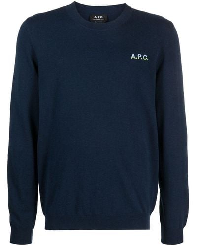 A.P.C. Alois Logo-Embroidered Fine-Knit Jumper - Blue