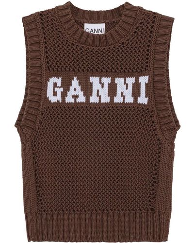 Ganni Intarsia-Knit Logo Organic-Cotton Blend Vest - Brown