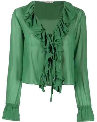 Bode Flounce Ruffled Sheer Silk Blouse - Green
