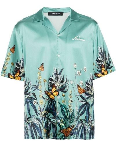 NAHMIAS Botanical Camp-Collar Satin Shirt - Green