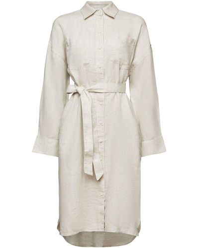 Esprit Midikleid Midi-Hemdblusenkleid aus Leinen mit Gürtel - Weiß
