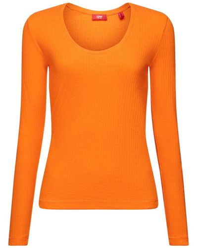 Esprit Langarmshirt Pointelle-T-Shirt mit weitem Rundhalsausschnitt (1-tlg) - Orange