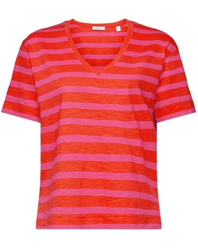 Esprit Gestreiftes T-Shirt mit V-Ausschnitt (1-tlg) - Rot