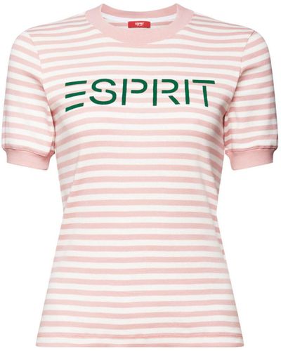 Esprit Gestreiftes Baumwoll-T-Shirt mit Logo-Print (1-tlg) - Pink