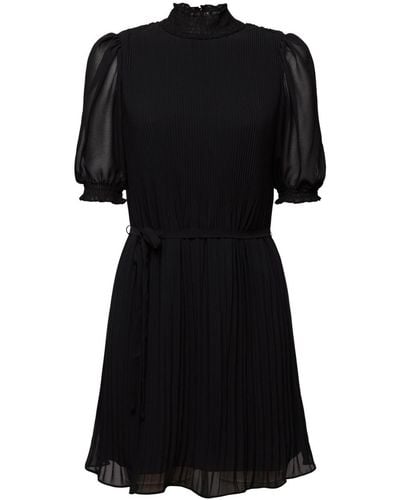 Esprit Mini-robe plissée en mousseline à col droit - Noir