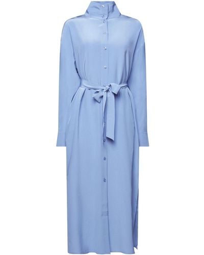 Esprit Robe chemise longueur midi en soie - Bleu