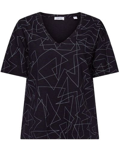 Esprit Katoenen T-shirt Met V-hals En Print - Zwart