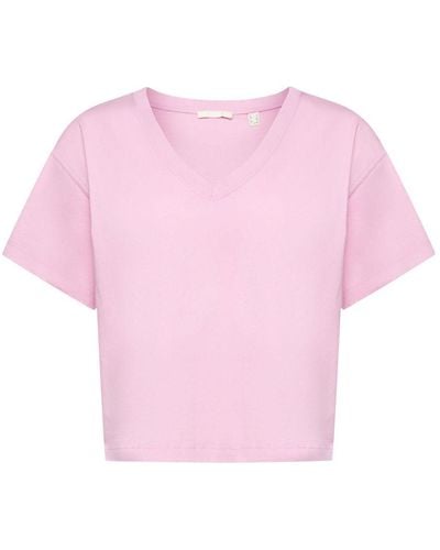 Esprit T-shirt en coton à encolure en V - Rose