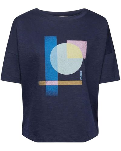 Esprit Katoenen T-shirt Met Geometrische Print - Blauw