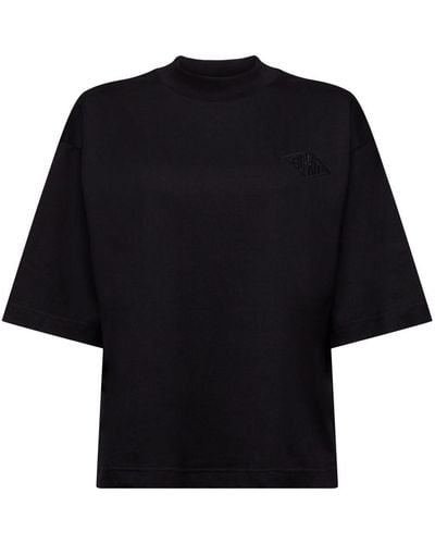 Esprit 3/4-Arm- Baumwoll-T-Shirt mit Logo und Stehkragen - Schwarz