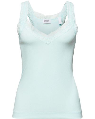 Esprit T-Shirt Rippstrick-Top mit Jersey und Spitze (1-tlg) - Blau