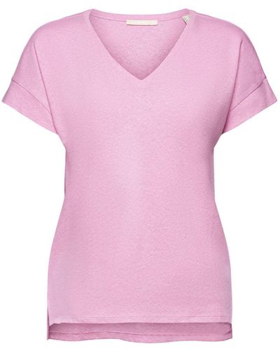 Esprit Met Linnen: T-shirt Met V-hals - Roze