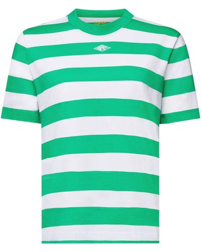 Esprit Streifen-T-Shirt aus Pima-Baumwolle mit Stickerei (1-tlg) - Grün