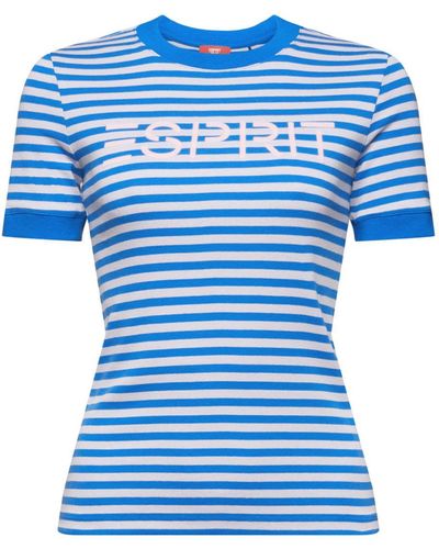 Esprit T-shirt en coton rayé à logo imprimé - Bleu