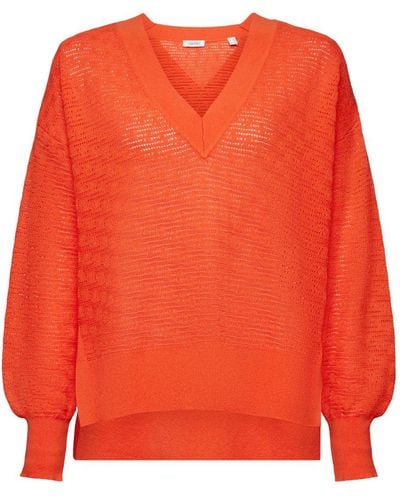 Esprit Pullover mit V-Ausschnitt im Pointelle-Design - Orange