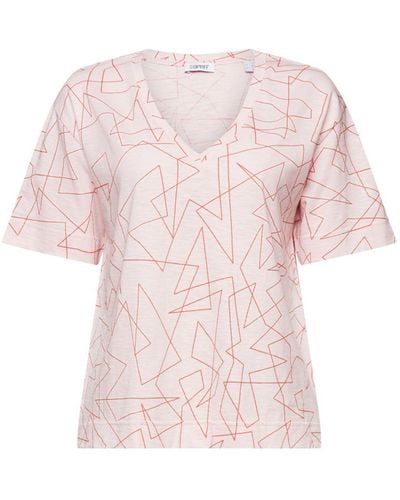 Esprit Katoenen T-shirt Met V-hals En Print - Roze