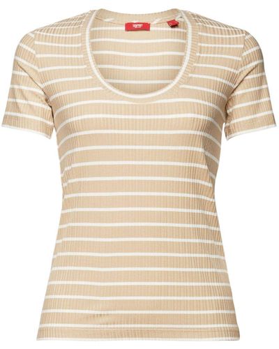 Esprit T-Shirt aus gestreiftem Rippstrick (1-tlg) - Natur