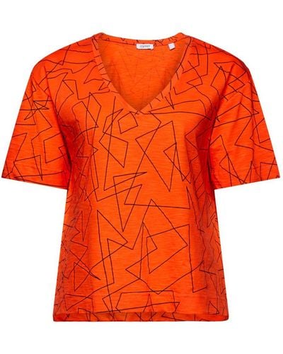 Esprit Katoenen T-shirt Met V-hals En Print - Oranje