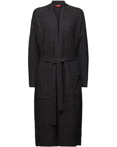 Esprit Cardigan long ceinturé en maille côtelée - Noir