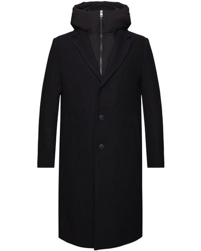 Esprit Manteau à capuche amovible en laine mélangée - Noir