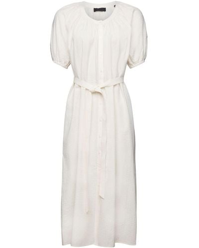 Esprit Maxikleid Midi-Hemdblusenkleid mit Bindegürtel, Baumwollmix - Weiß