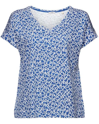Esprit Katoenen T-shirt Met V-hals En Motief All-over - Blauw