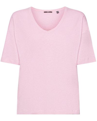 Esprit T-shirt Met V-hals Van Een Linnenmix - Roze