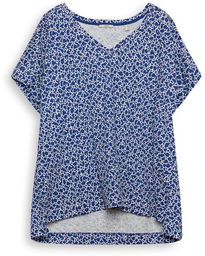 Esprit Katoenen T-shirt Met V-hals En Mozaiëkprint - Blauw