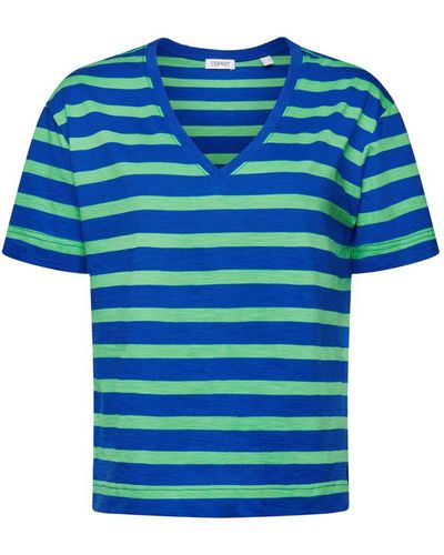 Esprit Gestreiftes T-Shirt mit V-Ausschnitt (1-tlg) - Blau