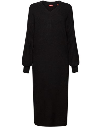 Esprit Robe longueur midi en maille de laine mélangée - Noir