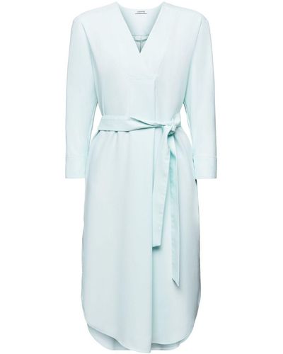 Esprit Midi-jurk Met V-hals En Ceintuur - Blauw