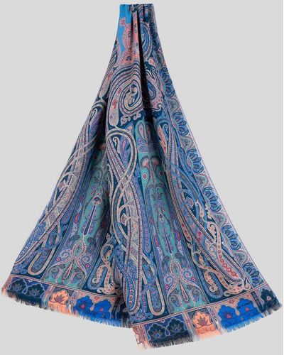 Etro Ornamental Paisley Wool And Silk Scarf - Blue