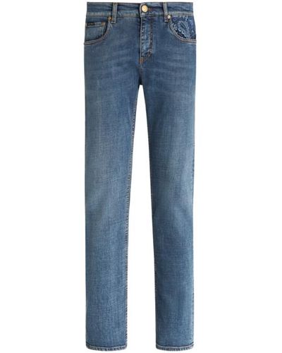 Etro Jeans In Denim Di Cotone Con Ricamo Paisley - Blu
