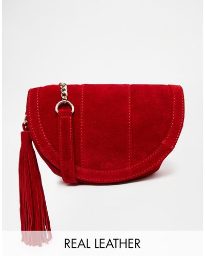 ASOS Suede Saddle Bag With Tassel - Red