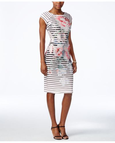 Eci Striped Floral-print Scuba Dress - White