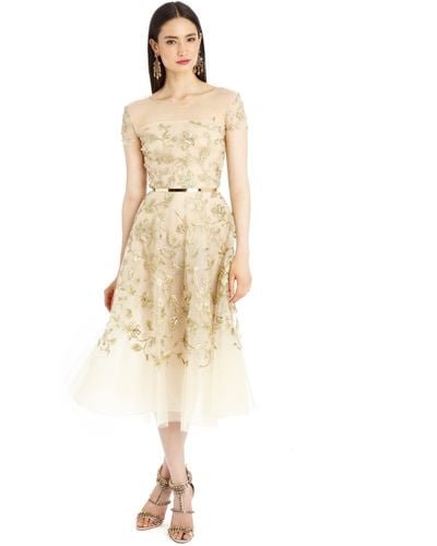 Oscar de la Renta Gold Floral Embroidered Tulle Dress - Metallic