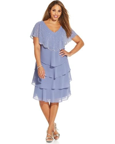 Patra Plus Size Embellished Tiered Chiffon Dress - Blue