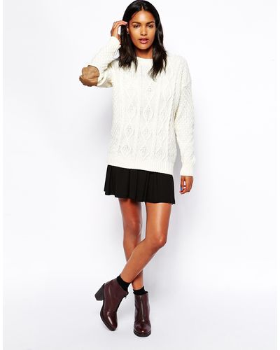 Glamorous Cable Knit Sweater With Elbow Patch - White