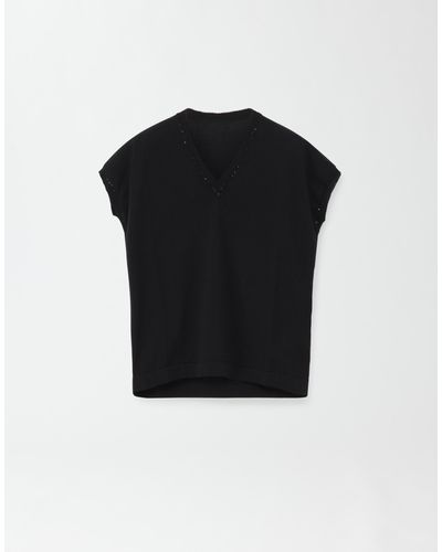 Fabiana Filippi Cotton V Neck Sweater With Sequin Thread - Black