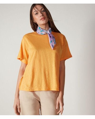 Falconeri T-shirt girocollo in lino con bordo in maglia - Arancione