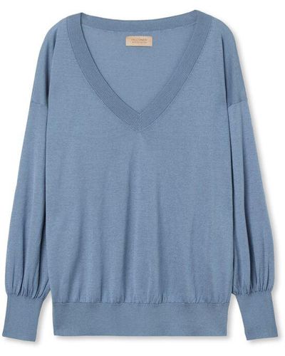 Falconeri V-neck Silk And Cotton Jumper With Balloon Sleeves - Blue