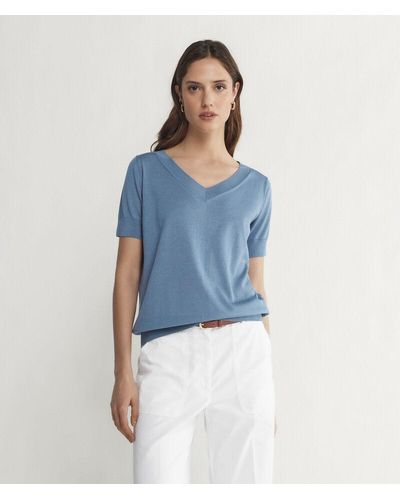 Falconeri Short-sleeved V-neck Silk And Cotton Jumper - Blue