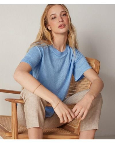 Falconeri T-shirt girocollo in lino con bordo in maglia - Blu