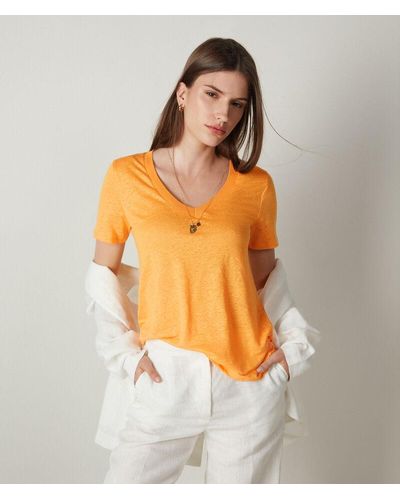 Falconeri T-shirt in lino scollo a v con bordo in maglia - Arancione