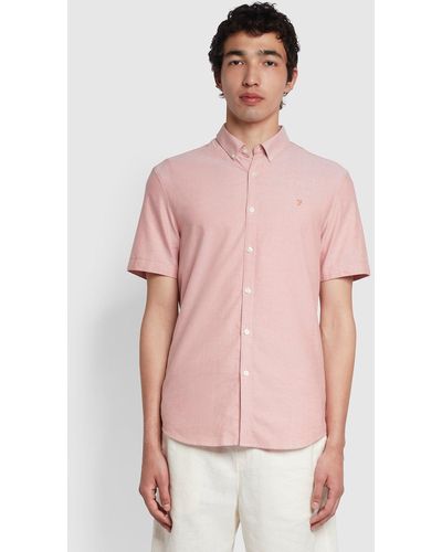 Farah Brewer Slim Fit Short Sleeve Organic Cotton Oxford Shirt - Pink